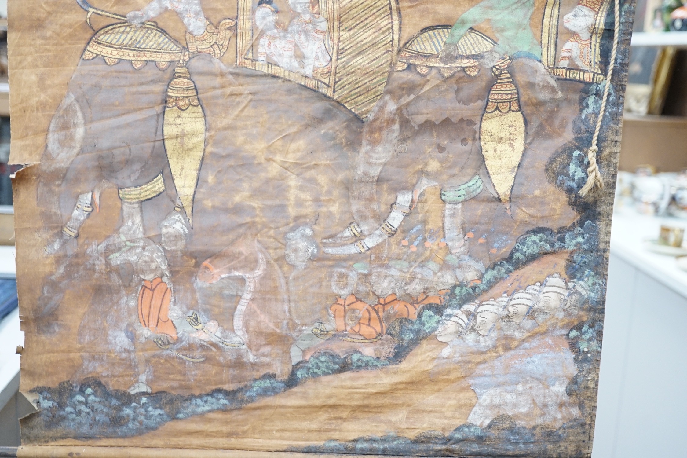 A 19th century Thai altar scroll, figures in landscape, 57 x 43cm